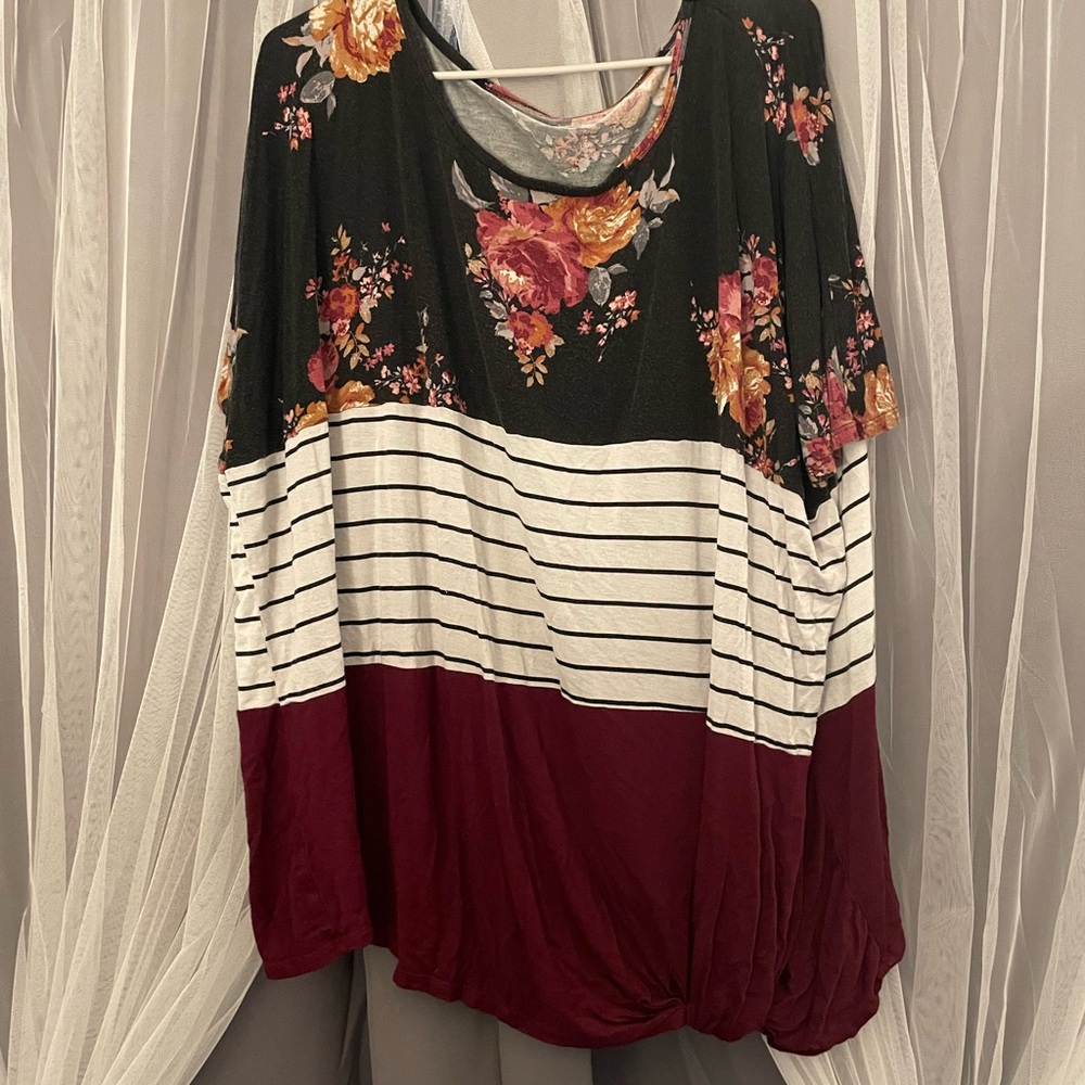 Maurices Black Floral and Burgundy Striped Blouse